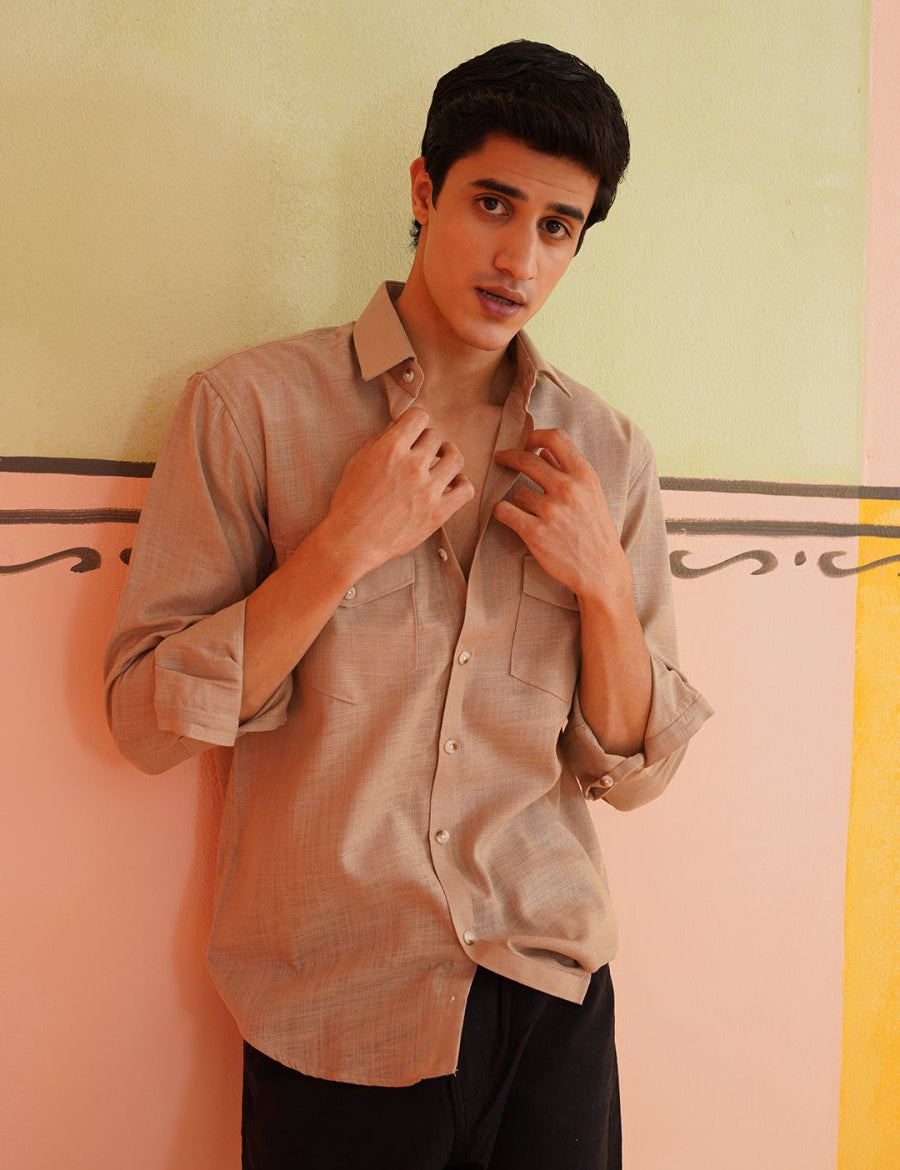 Beige Solid Cotton Formal Shirt for Men - SF_9011Beige_S