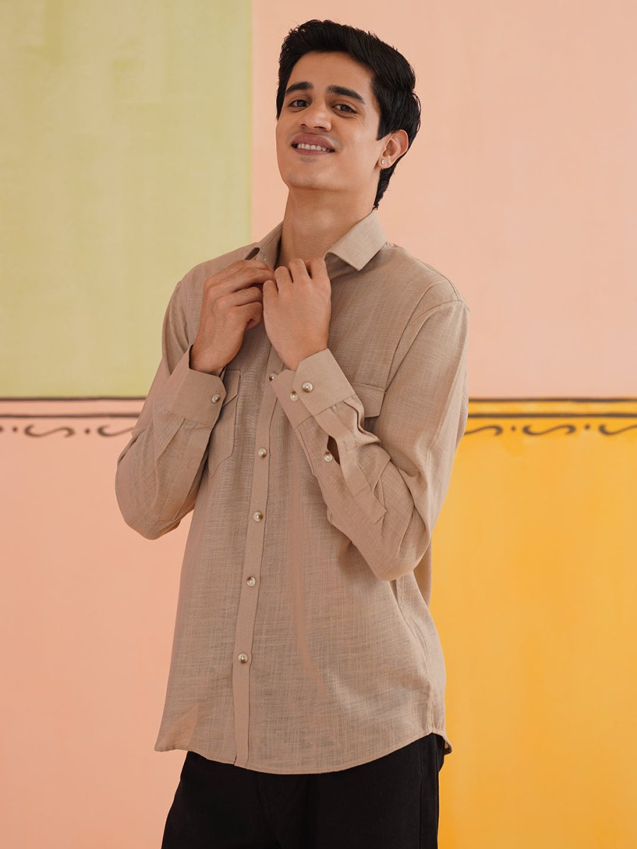 Beige Solid Cotton Formal Shirt for Men - SF_9011Beige_S