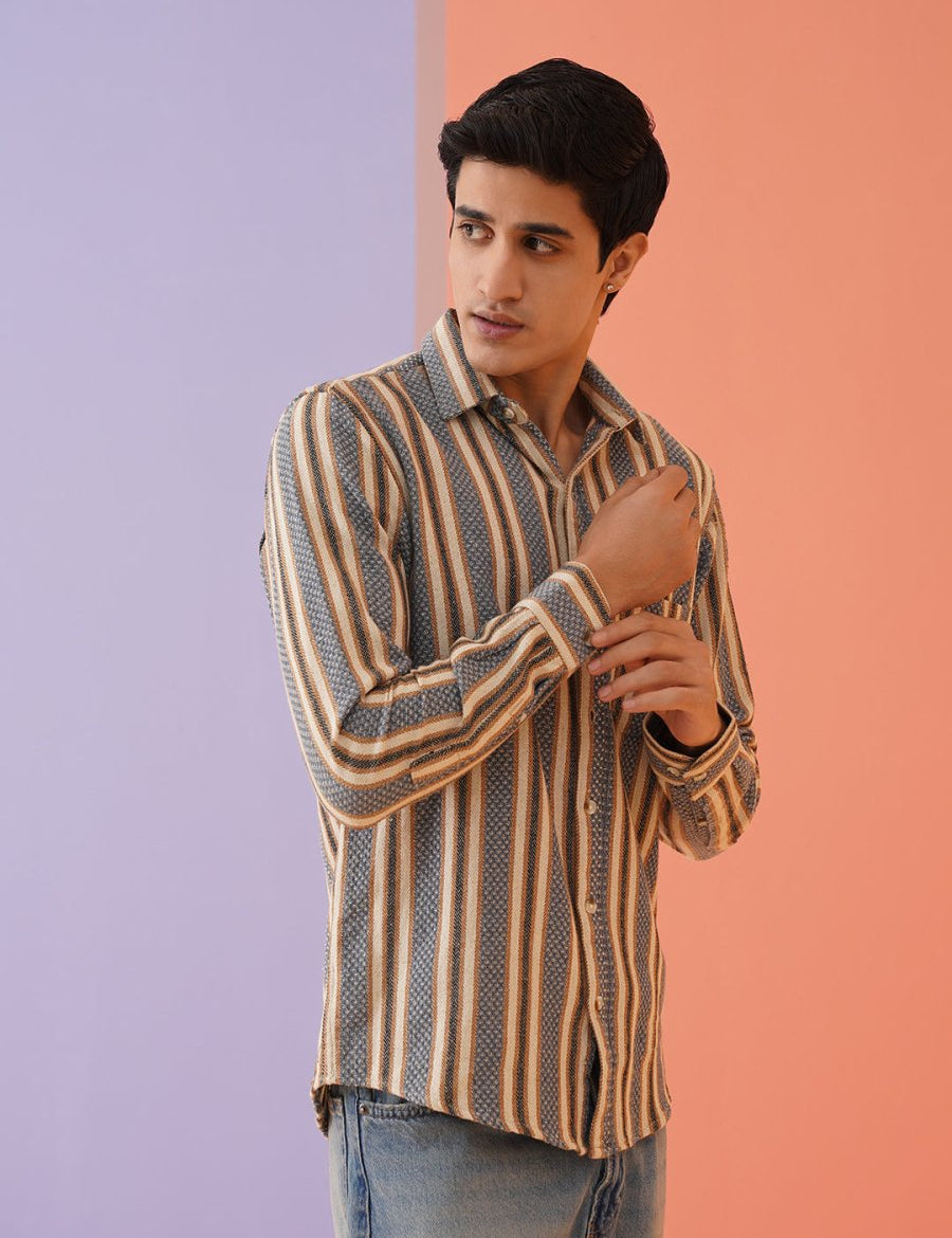 Beige Striped Cotton Shirt for Men - SF_9020Beige_S