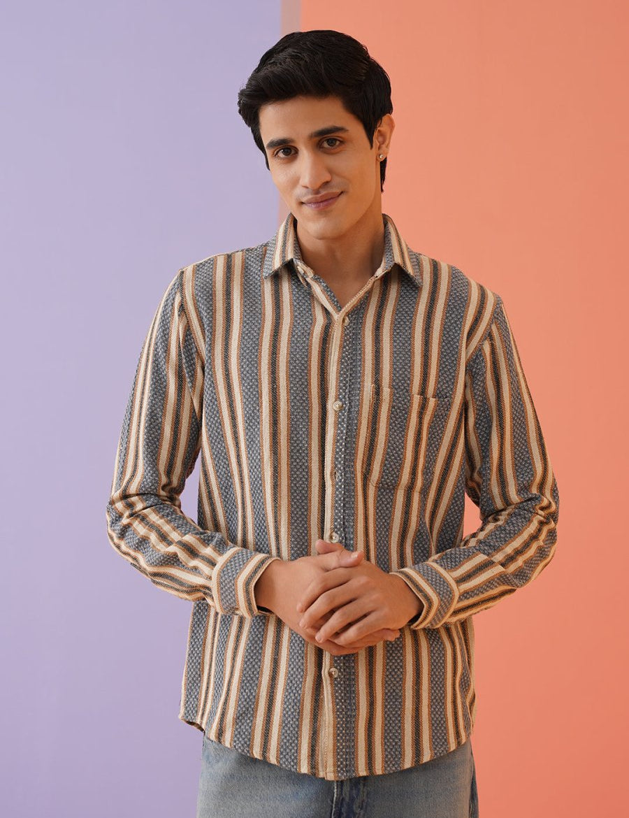 Beige Striped Cotton Shirt for Men - SF_9020Beige_S