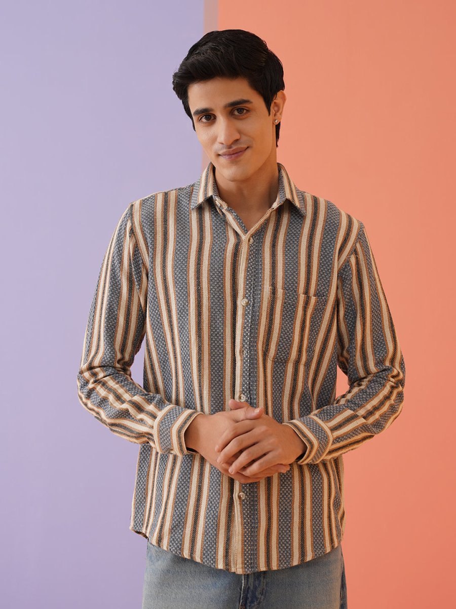 Beige Striped Cotton Shirt for Men - SF_9020Beige_S