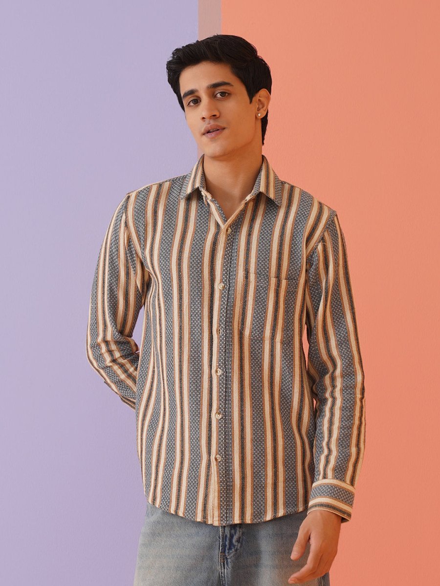 Beige Striped Cotton Shirt for Men - SF_9020Beige_S