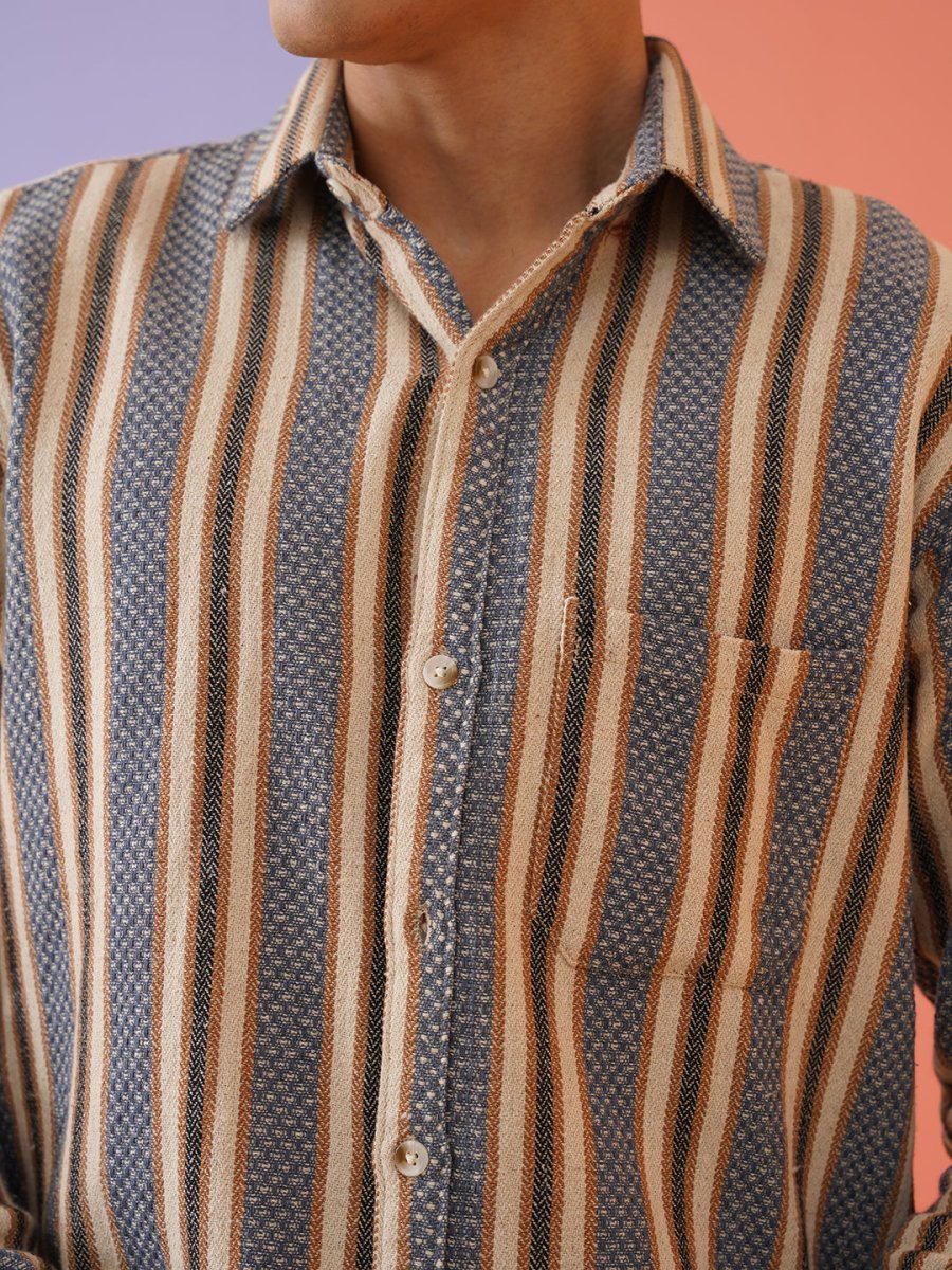 Beige Striped Cotton Shirt for Men - SF_9020Beige_S