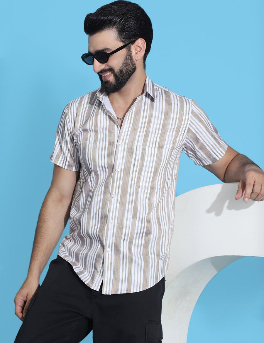 Beige Striped Half Sleeve Shirt for Men - SF_947Beige_S