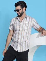 Beige Striped Half Sleeve Shirt for Men - SF_947Beige_S
