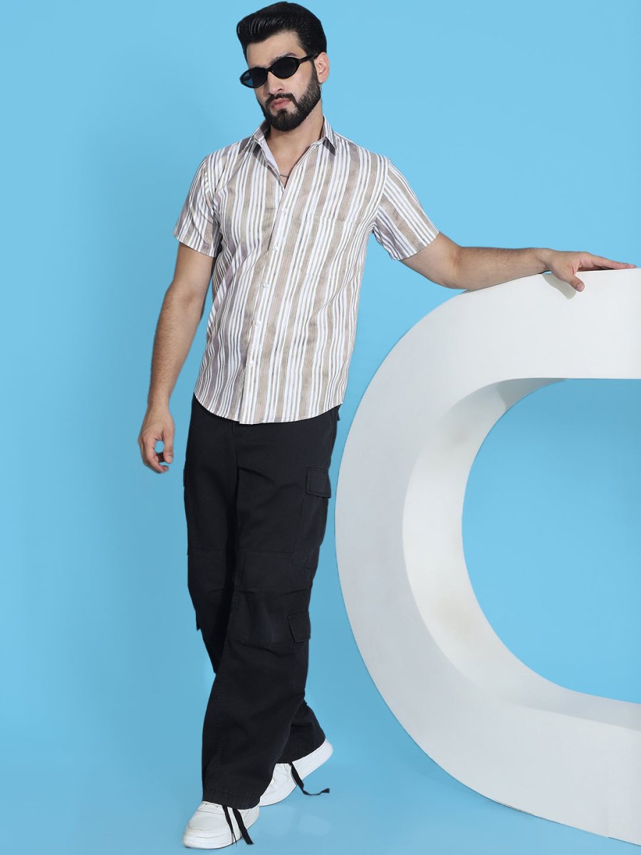 Beige Striped Half Sleeve Shirt for Men - SF_947Beige_S