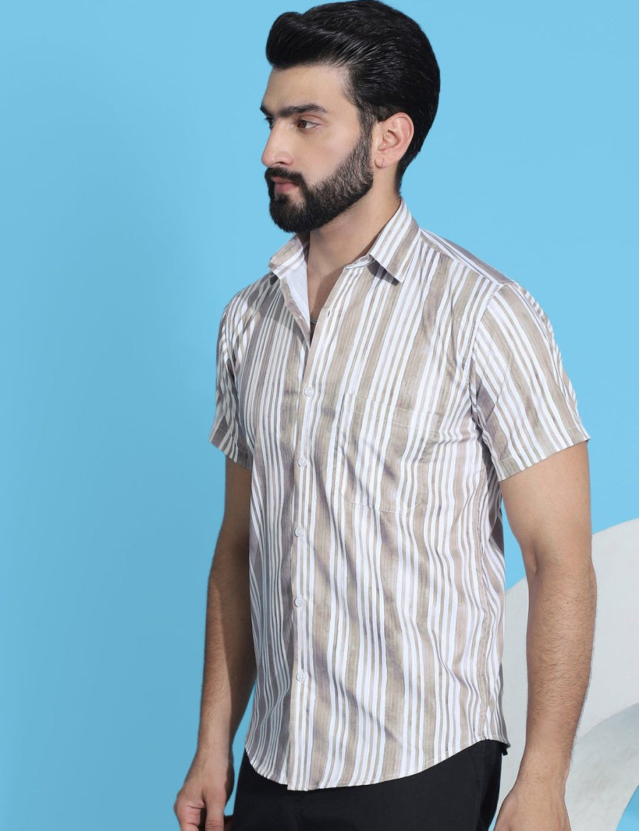 Beige Striped Half Sleeve Shirt for Men - SF_947Beige_S