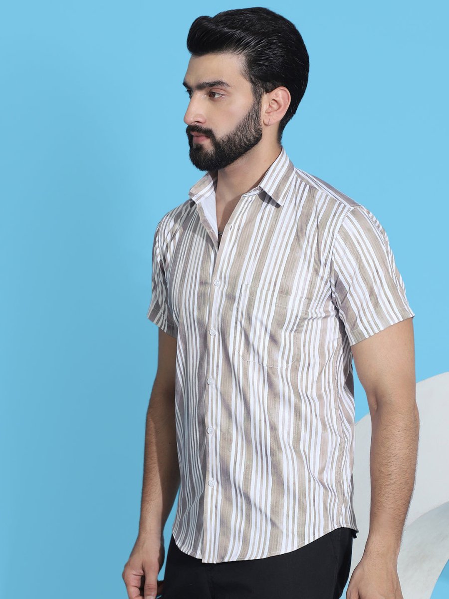 Beige Striped Half Sleeve Shirt for Men - SF_947Beige_S