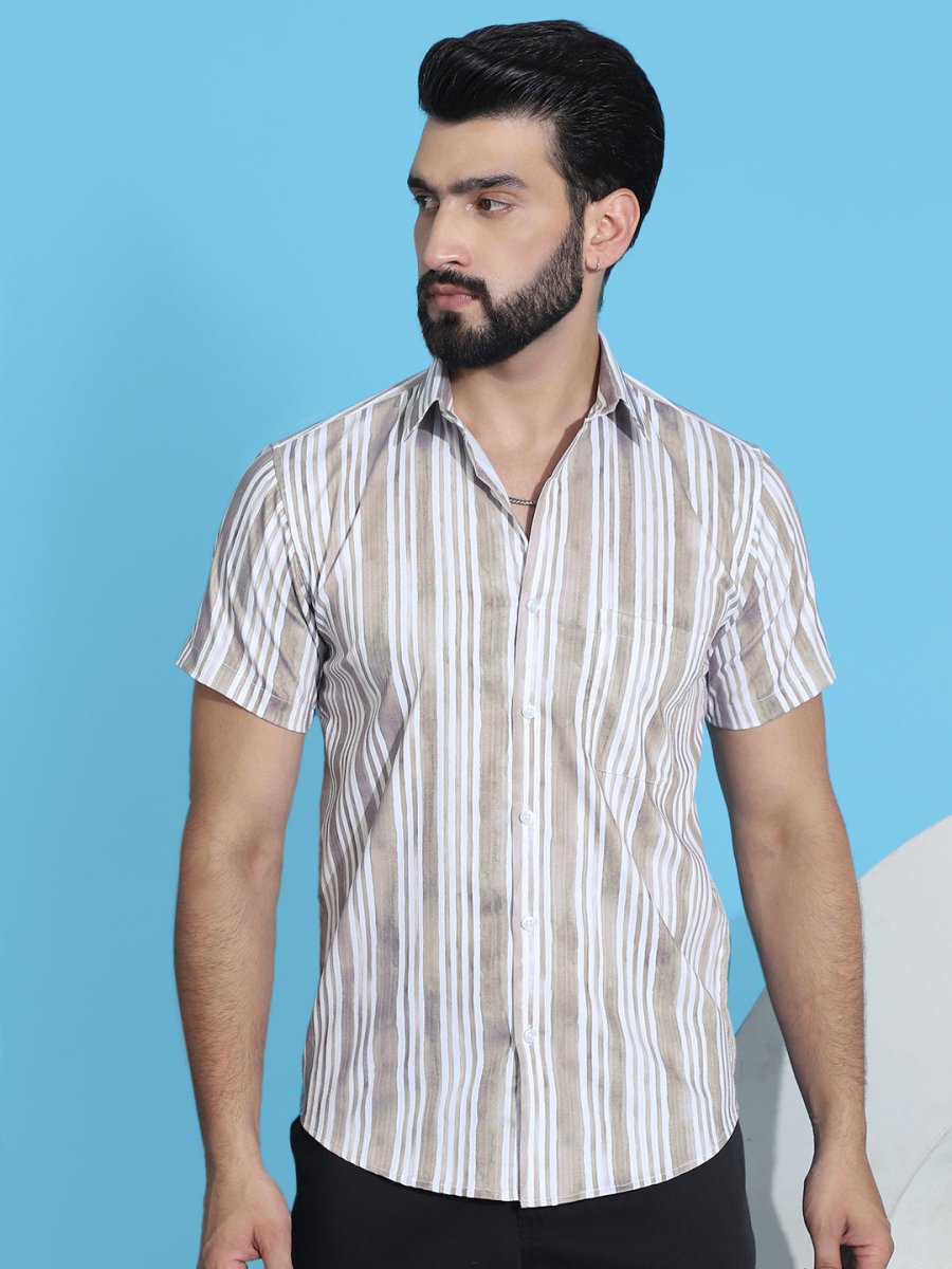 Beige Striped Half Sleeve Shirt for Men - SF_947Beige_S