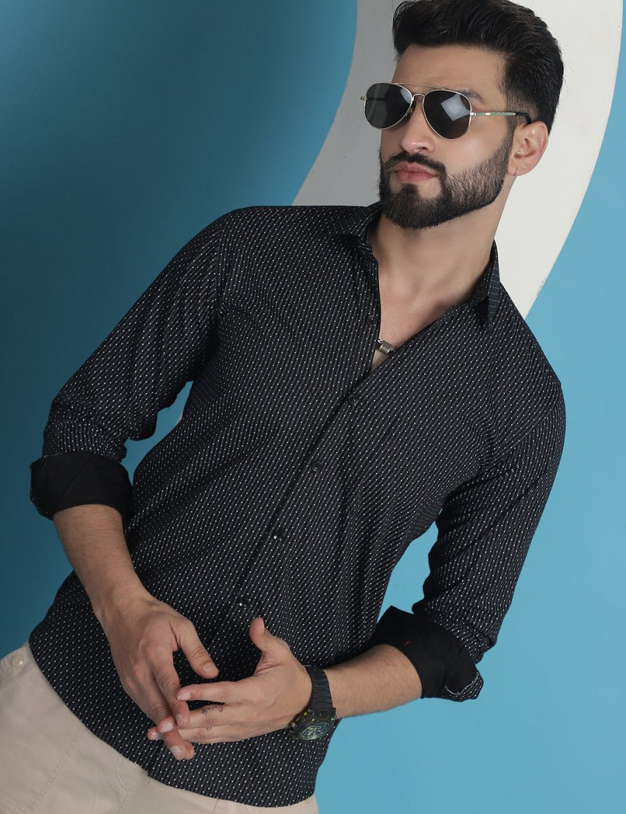 Black Geometric Printed Cotton Casual Shirt - SF_933Black_S