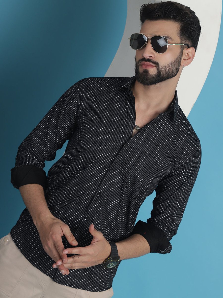 Black Geometric Printed Cotton Casual Shirt - SF_933Black_S