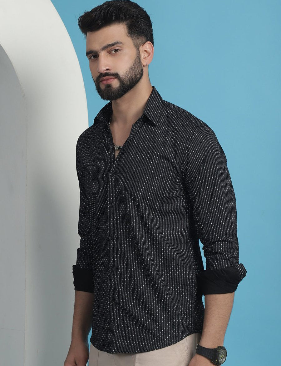 Black Geometric Printed Cotton Casual Shirt - SF_933Black_S