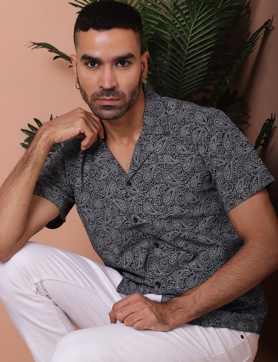 Black Printed Half Sleeve Shirt for Men - SF_935Black_S