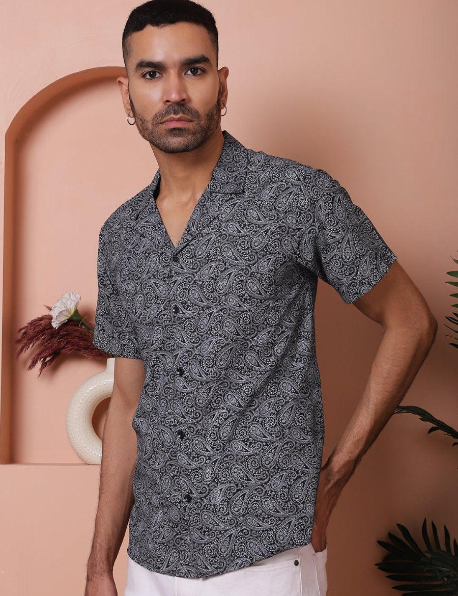 Black Printed Half Sleeve Shirt for Men - SF_935Black_S