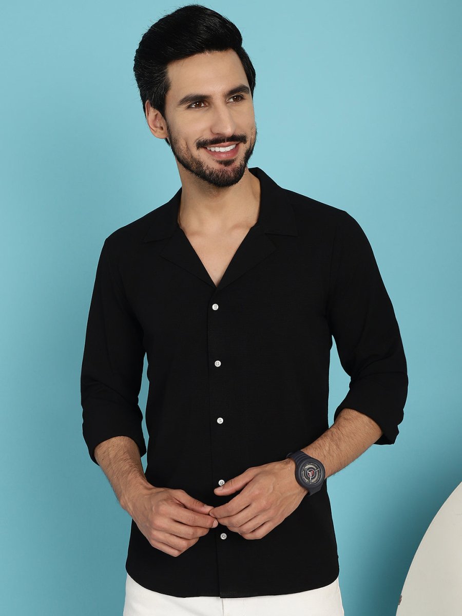 Black Self Design Cotton Formal Shirt for Men - SF_904Black_S