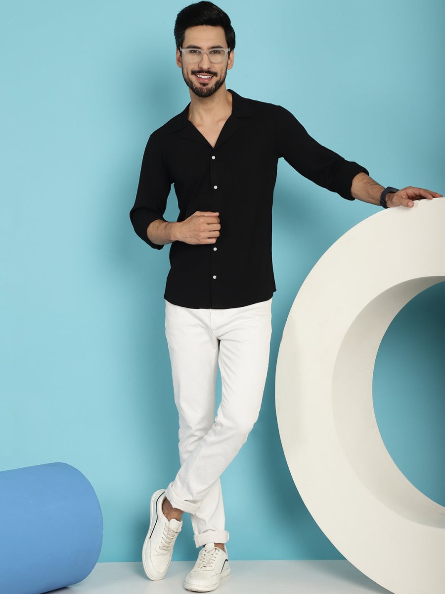Black Self Design Cotton Formal Shirt for Men - SF_904Black_S