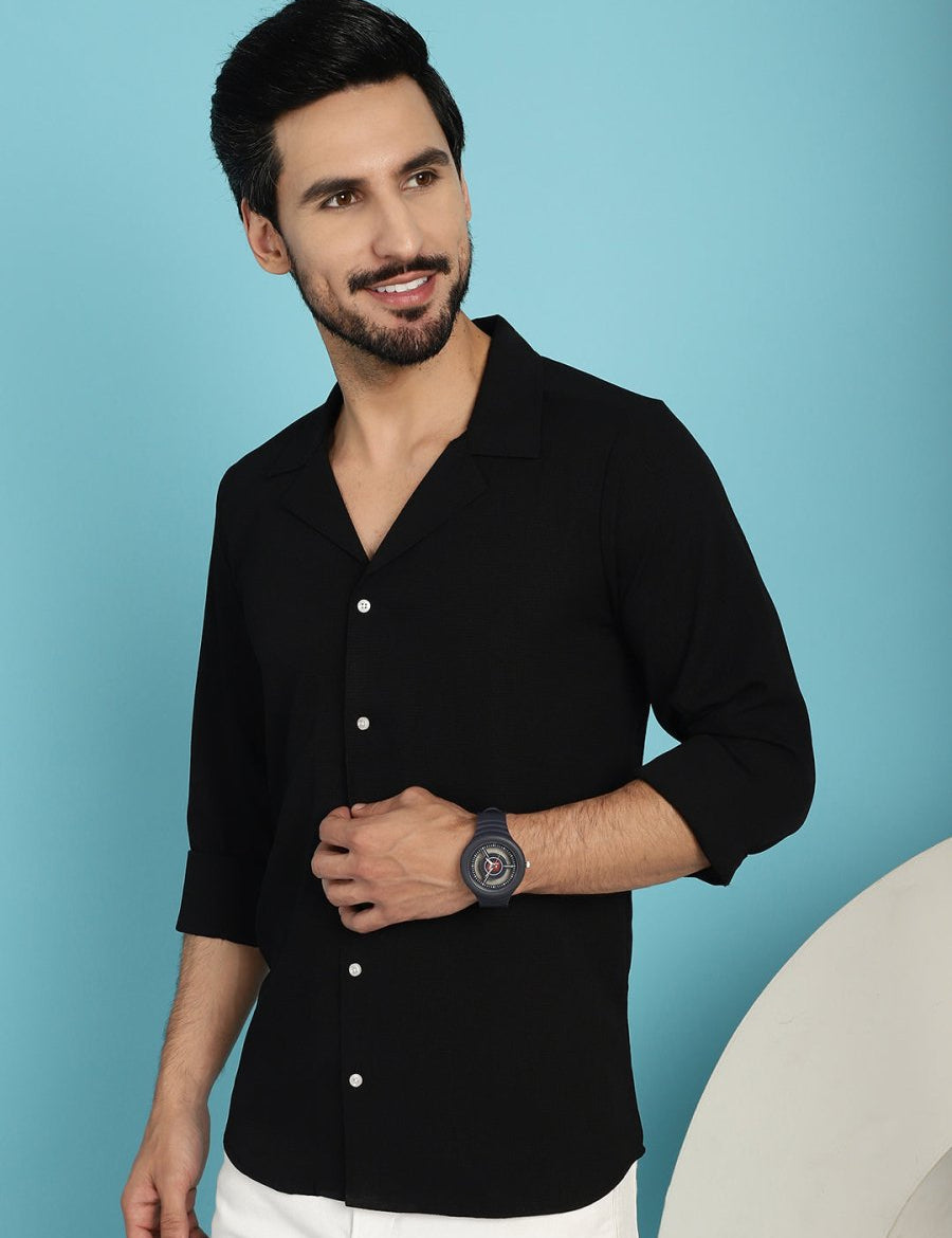 Black Self Design Cotton Formal Shirt for Men - SF_904Black_S