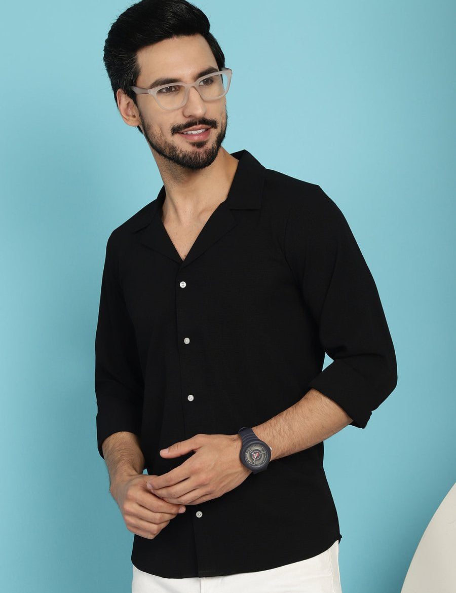 Black Self Design Cotton Formal Shirt for Men - SF_904Black_S