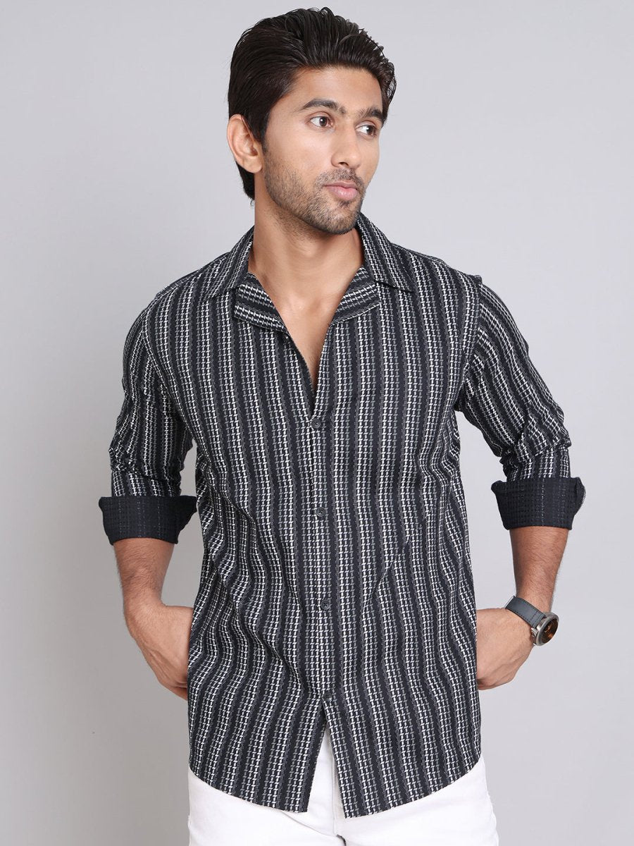 Black Self Design Cotton Shirt for Men - SF_997Black_S