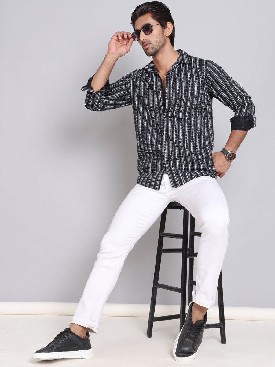 Black Self Design Cotton Shirt for Men - SF_997Black_S