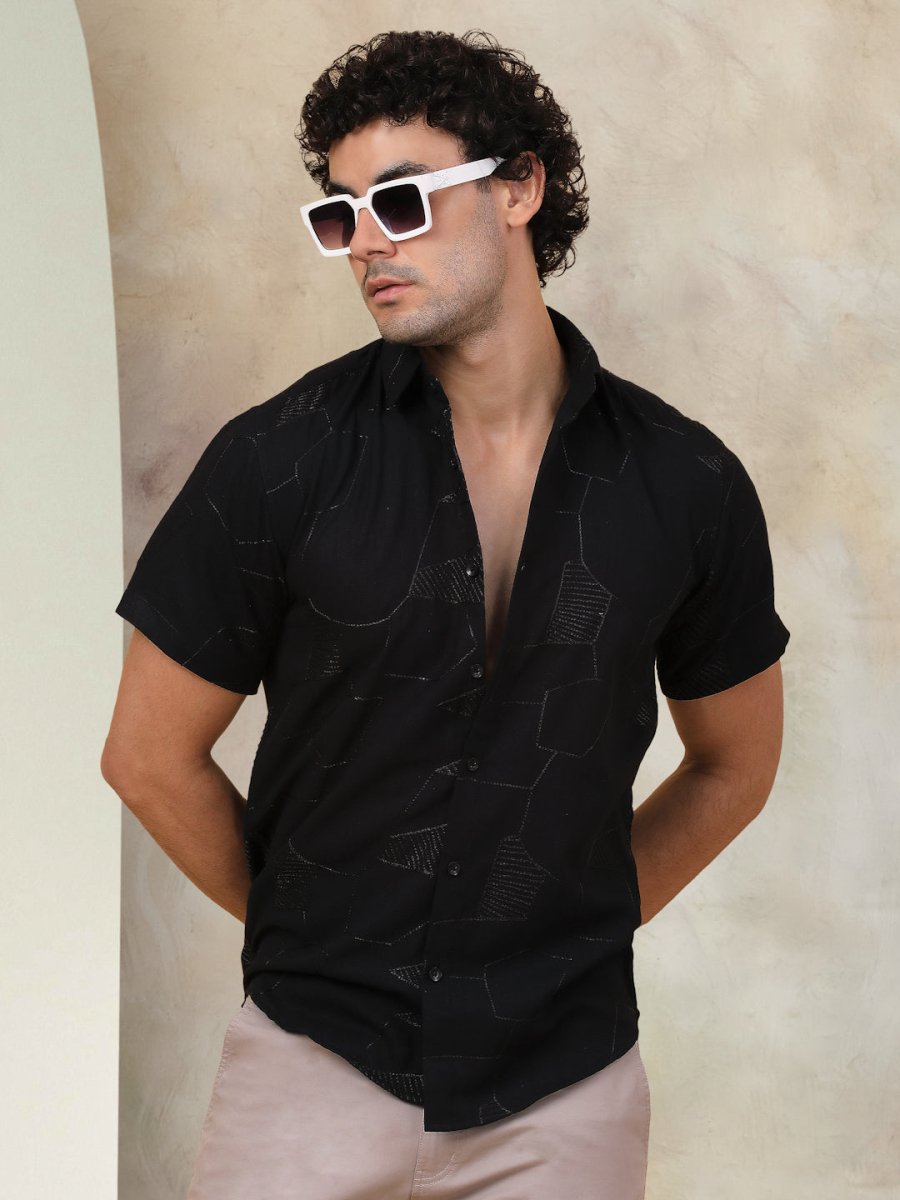 Black Self Design Party Shirt for Men - SF_944Black_S