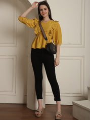 Black Solid Women's Top With Frills - JNT_2024Mustard_XS
