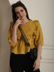 Black Solid Women's Top With Frills - JNT_2024Mustard_XS