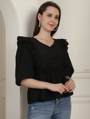 Black Solid Women's Top With Frills - JNT_2024Black_XS