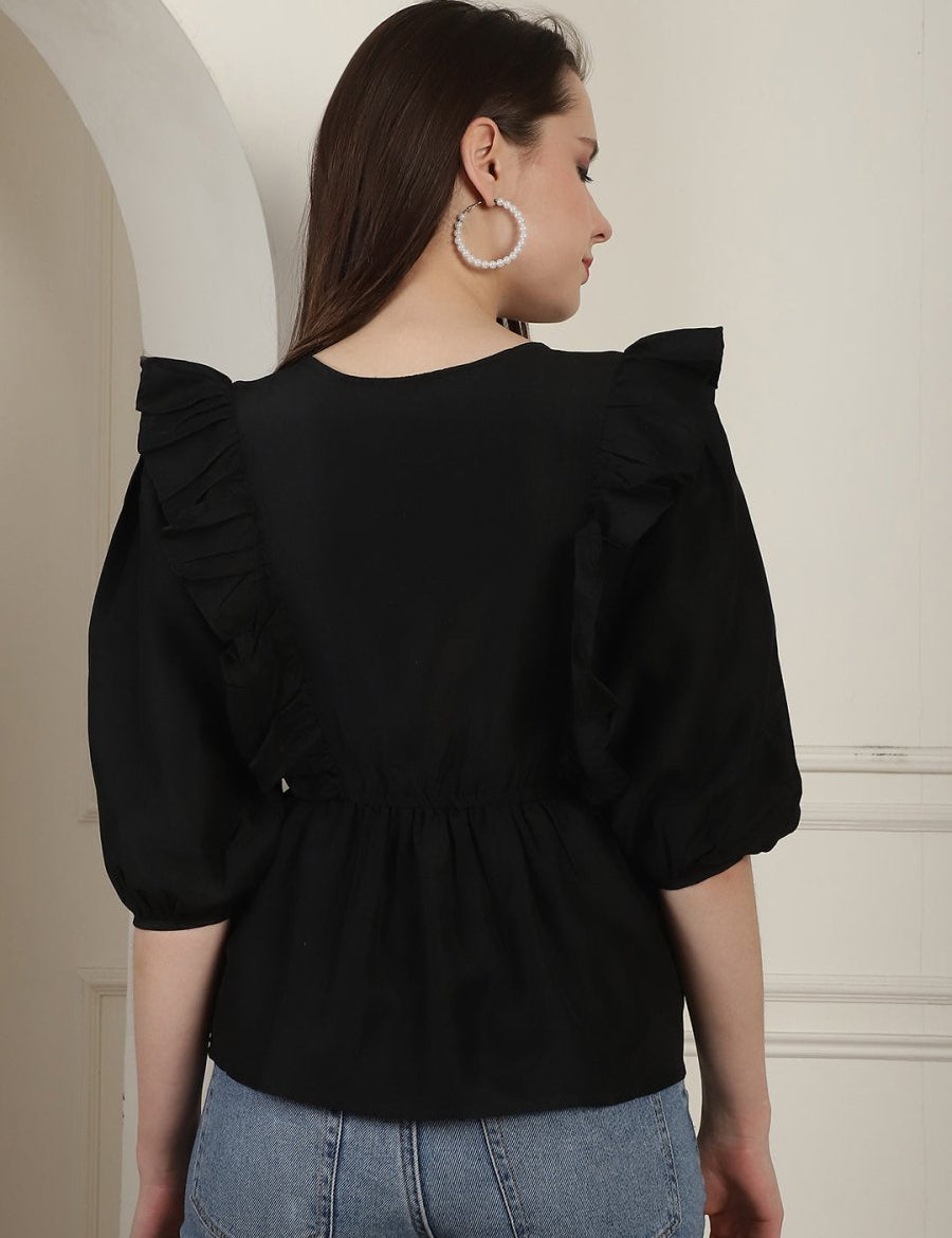 Black Solid Women's Top With Frills - JNT_2024Black_XS
