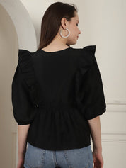 Black Solid Women's Top With Frills - JNT_2024Black_XS