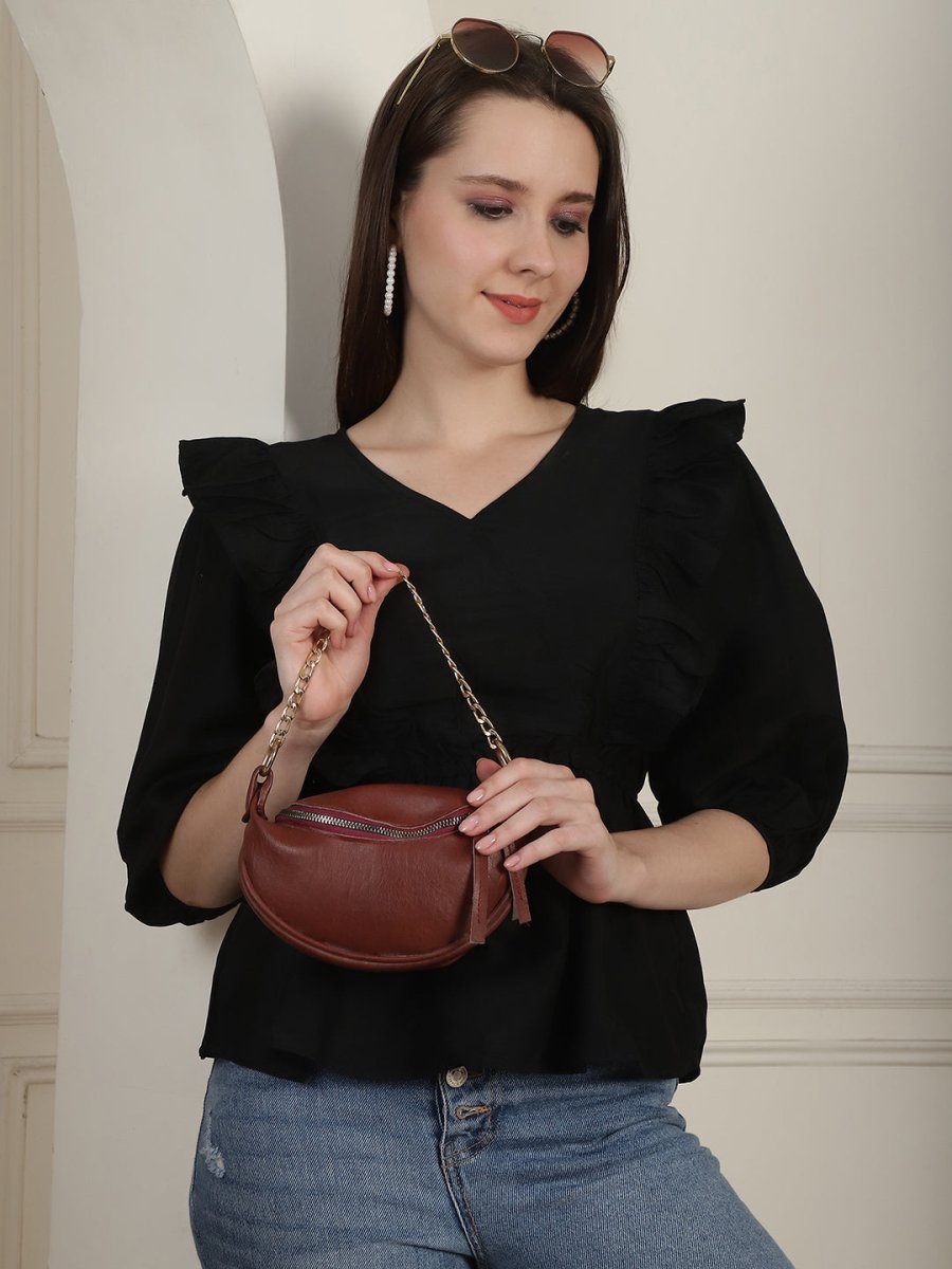 Black Solid Women's Top With Frills - JNT_2024Black_XS