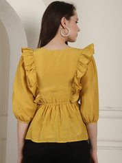 Black Solid Women's Top With Frills - JNT_2024Mustard_XS
