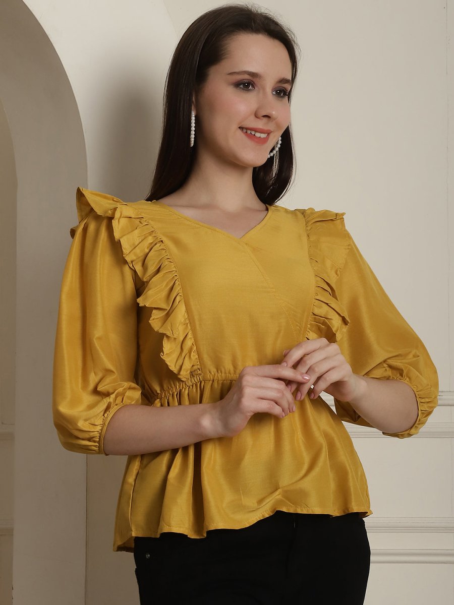 Black Solid Women's Top With Frills - JNT_2024Mustard_XS