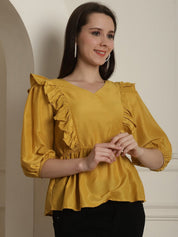 Black Solid Women's Top With Frills - JNT_2024Mustard_XS
