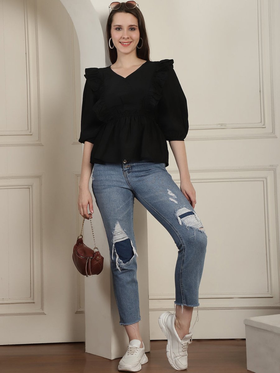 Black Solid Women's Top With Frills - JNT_2024Black_XS