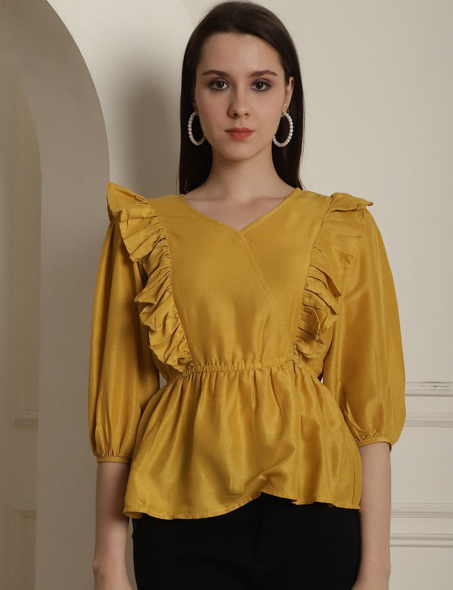 Black Solid Women's Top With Frills - JNT_2024Mustard_XS