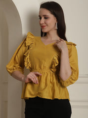 Black Solid Women's Top With Frills - JNT_2024Mustard_XS