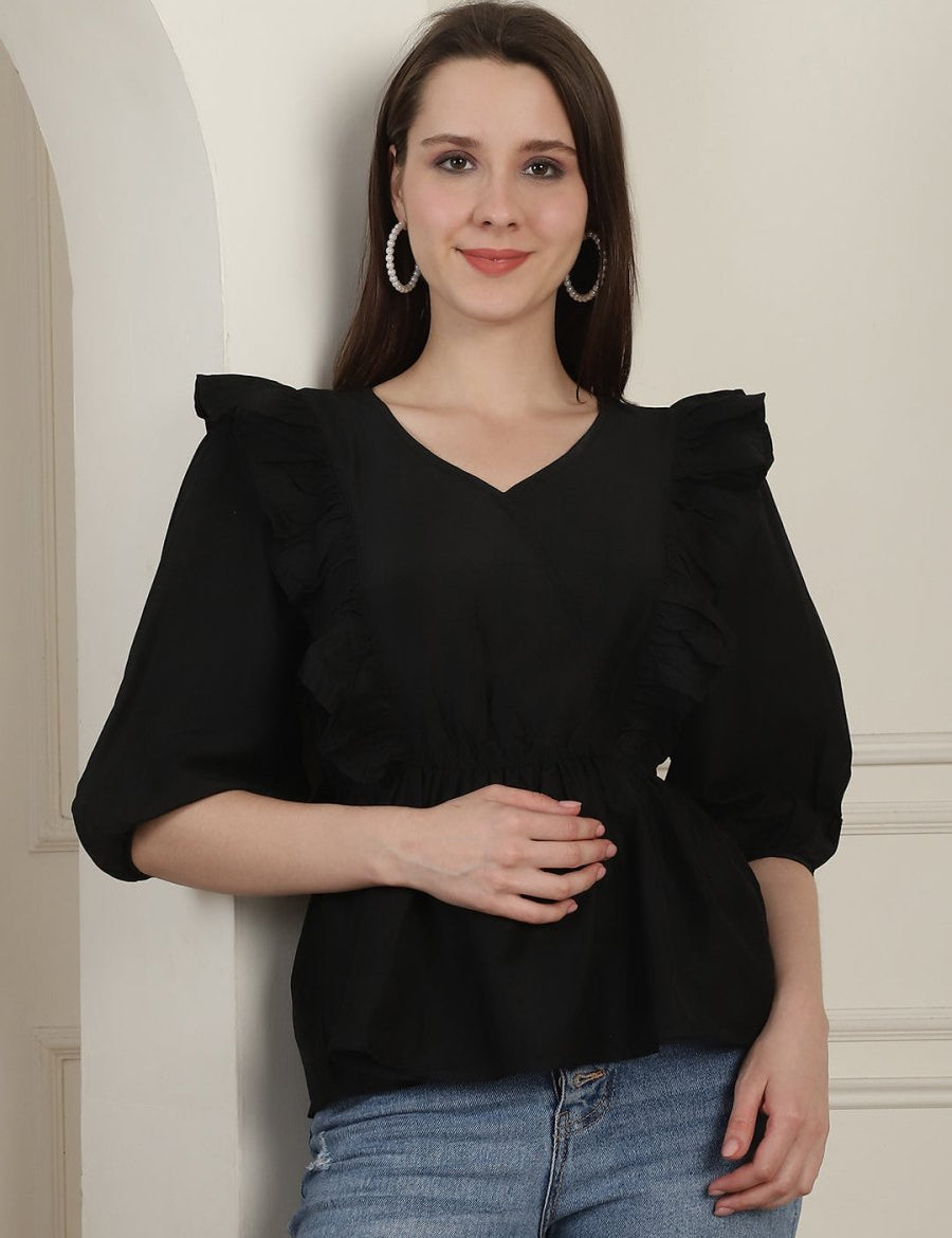Black Solid Women's Top With Frills - JNT_2024Black_XS