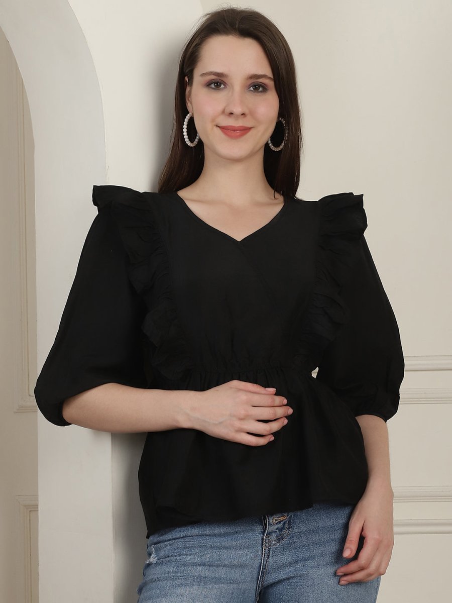 Black Solid Women's Top With Frills - JNT_2024Black_XS