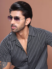 Black Striped Half Sleeve Shirt for Men - SF_9037Black_S