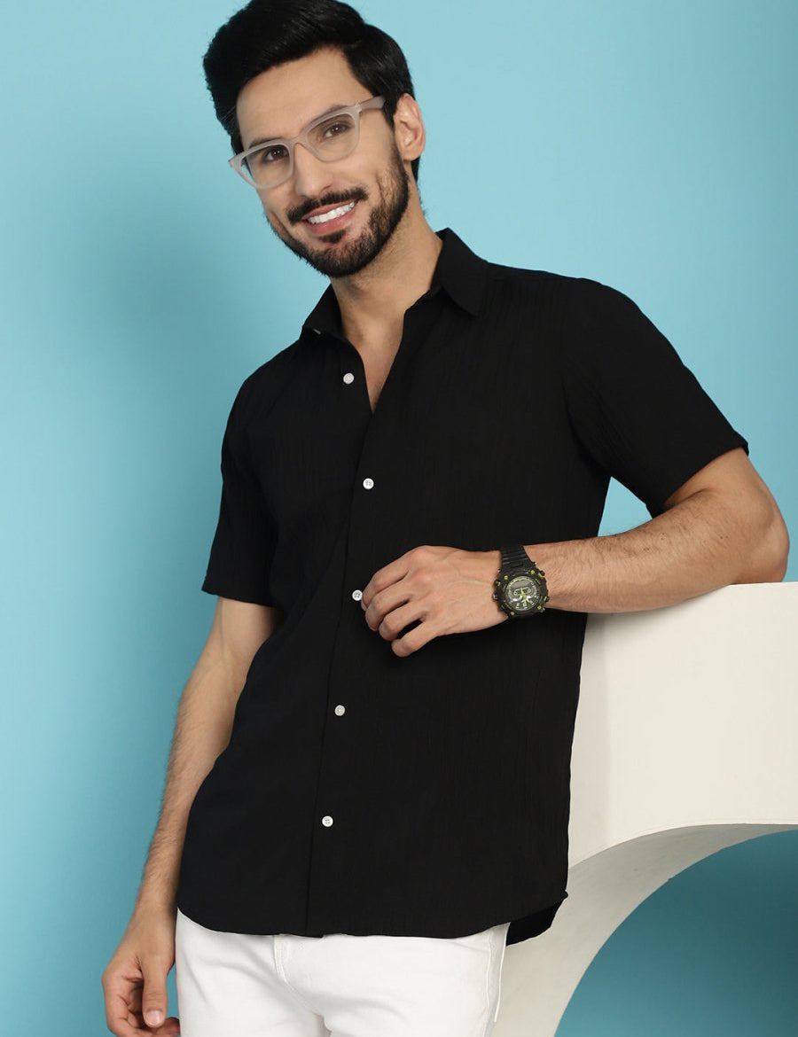 Black Striped Half Sleeve Shirt for Men - SF_899Black_S