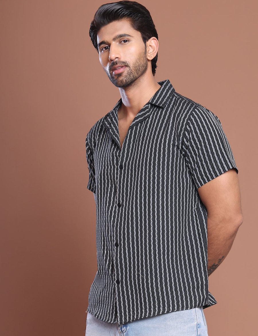 Black Striped Half Sleeve Shirt for Men - SF_9037Black_S