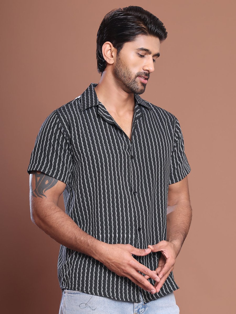 Black Striped Half Sleeve Shirt for Men - SF_9037Black_S