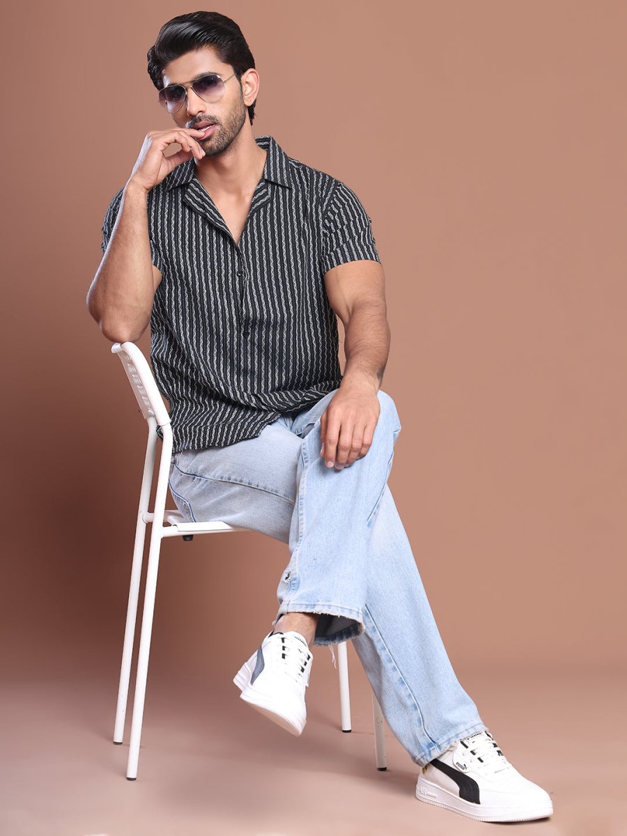 Black Striped Half Sleeve Shirt for Men - SF_9037Black_S