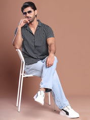 Black Striped Half Sleeve Shirt for Men - SF_9037Black_S