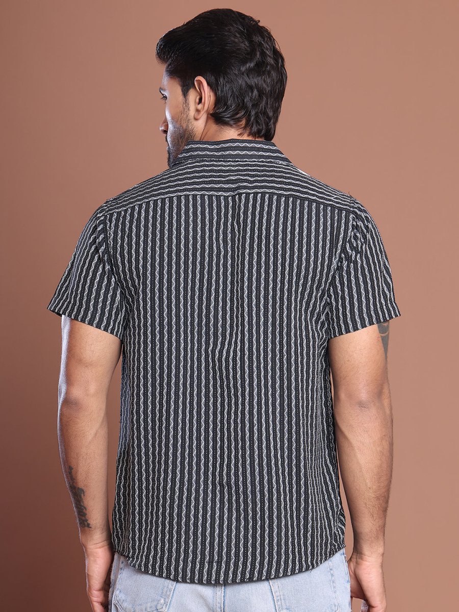 Black Striped Half Sleeve Shirt for Men - SF_9037Black_S