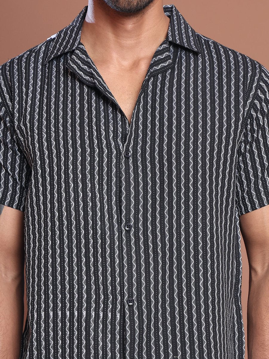 Black Striped Half Sleeve Shirt for Men - SF_9037Black_S