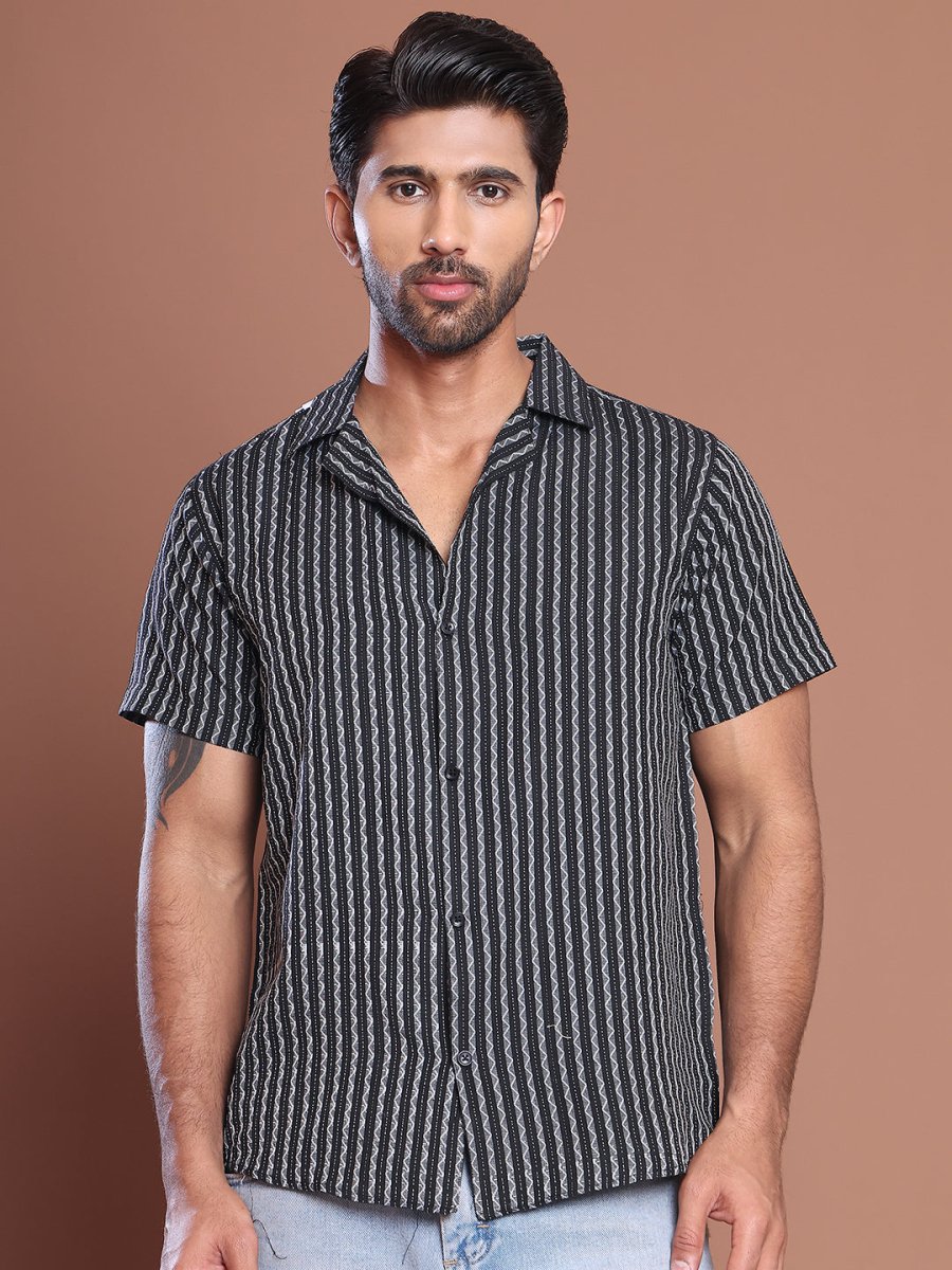 Black Striped Half Sleeve Shirt for Men - SF_9037Black_S