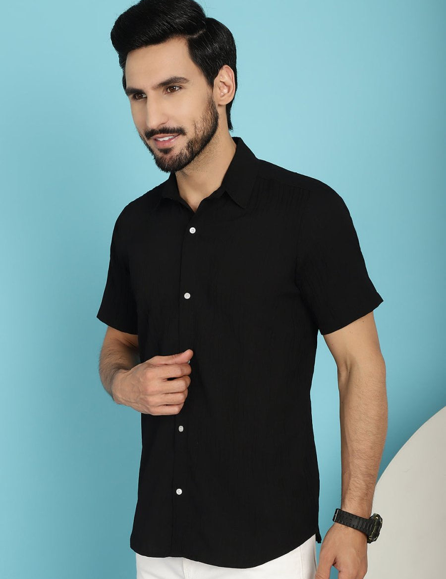 Black Striped Half Sleeve Shirt for Men - SF_899Black_S