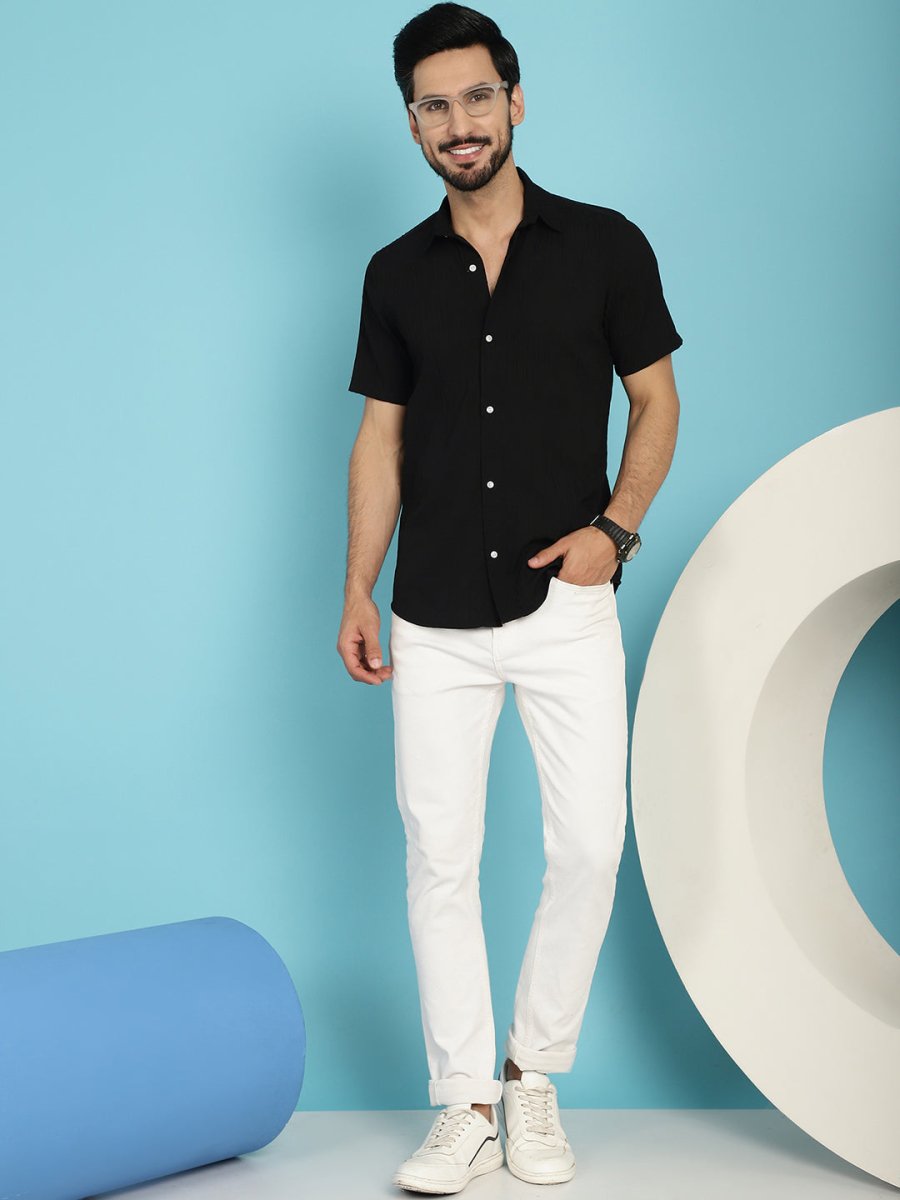 Black Striped Half Sleeve Shirt for Men - SF_899Black_S